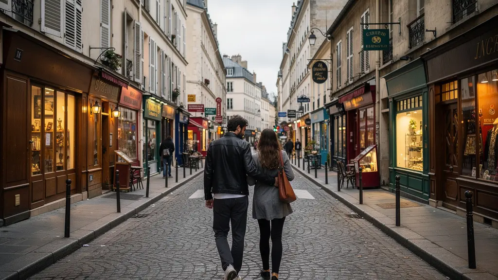 Rue pavée du Marais avec façades anciennes et couple de dos