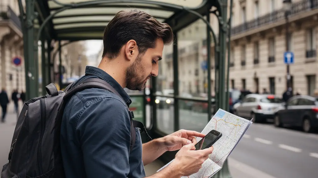 Voyageur consultant son téléphone devant entrée métro parisien art nouveau